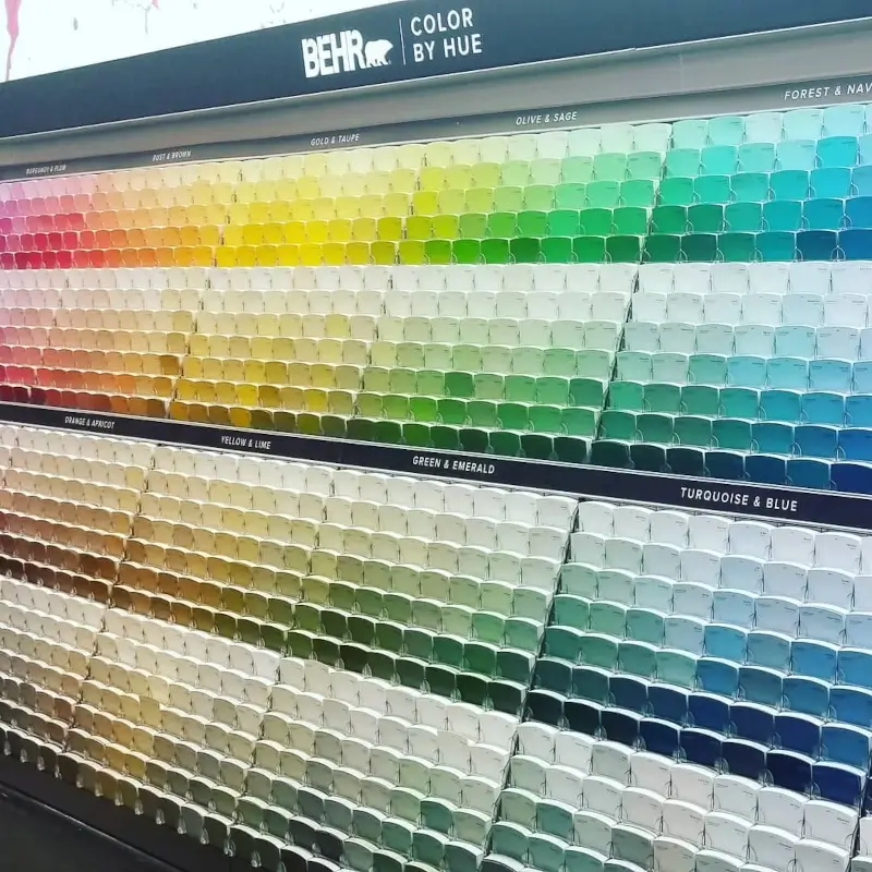 Paint swatch display arranged by hue for picking the best paint colors for Florida homes
